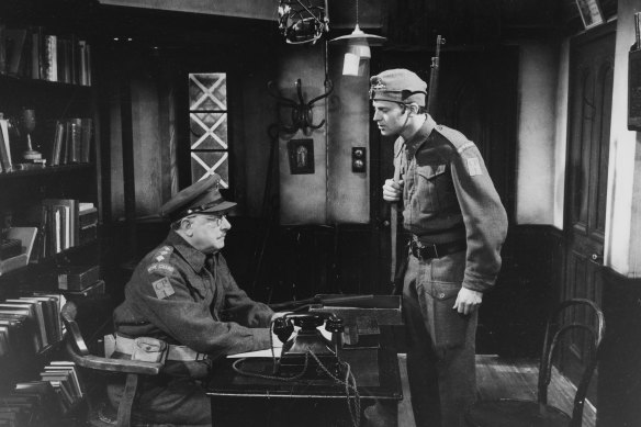 Actors Arthur Lowe (left) and Lavender in a scene from episode ‘Getting the Bird’ of the television sitcom ‘Dad’s Army’ in 1972. 