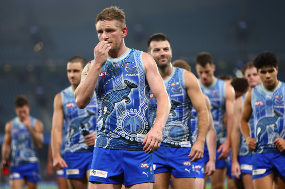 North Melbourne skipper Jack Ziebell leads his side from the ground in round 10.