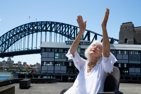Eileen Kramer performs a dance for a party of her closest friends at her 108th birthday celebrations at Walsh Bay on Monday.