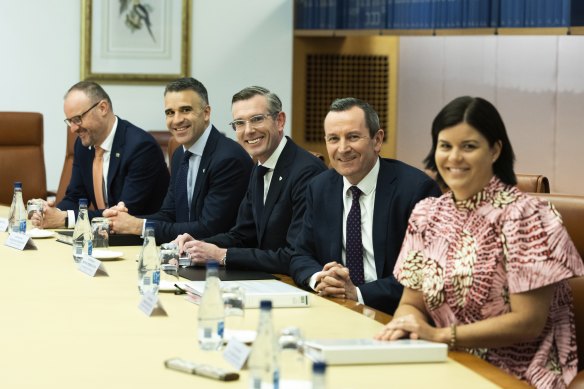 ACT Chief Minister Andrew Barr, SA Premier Peter Malinauskas, NSW Premier Dominic Perrottet, WA Premier Mark McGowan and NT Chief Minister Natasha Fyles at the start of Friday’s national cabinet meeting.
