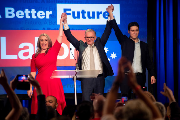 Anthony Albanese, with his partner Jodie Haydon and son Nathan, claiming victory on Saturday night. “I will lead a government worthy of the people of Australia,” he said.