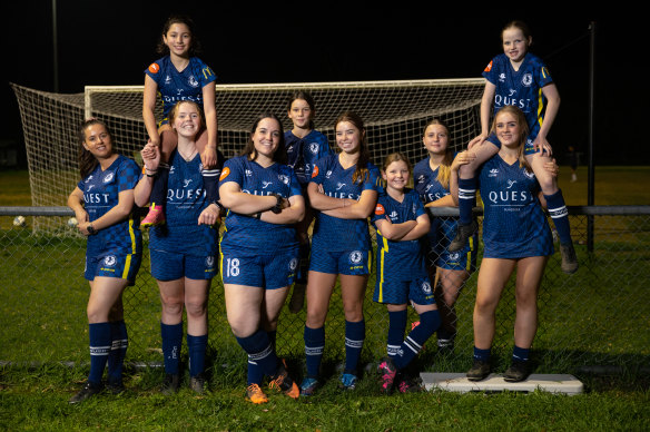 The number of girls taking up soccer is soaring, including at Diamond Valley United Soccer Club. From left:  Suné Du Plessis, Makayla O’Shea, Olive Mary Wilson, Laura Bertazzon, Lydia Maye Natoli, Charlise O’Shea, Elise Whitney, Jasmine Peters, Macey Davies and Lucy Buckley. 