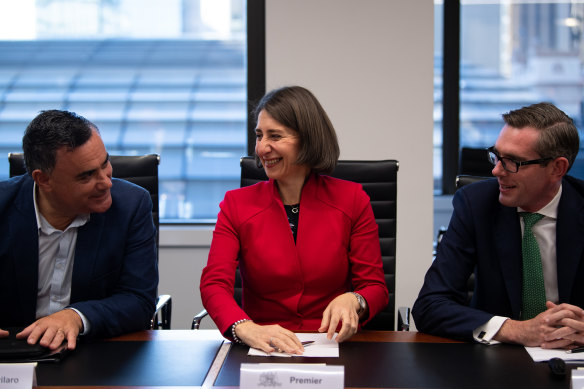 Deputy Premier John Barilaro, Premier Gladys Berejiklian and Treasurer Dominic Perrottet during the first cabinet meeting after the election.