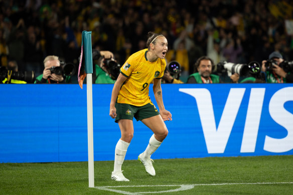 Caitlin Foord celebrates after scoring the first Australian goal.