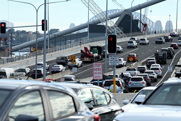 Cars trying to get onto the Anzac Bridge during peak hour.