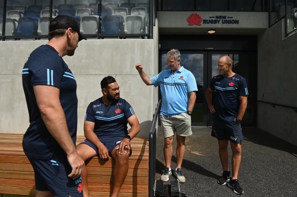 Waratahs coach Darren Coleman with his coaching team Jason Gilmore (left), Pauli Taumoepeau (second from left) and Chris Whitaker (right) at the new NSW Rugby high-performance facility at the David Philips Sports Complex in Daceyville.
