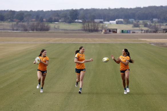 Madison Higgins-Ashby, Bienne Terita and Sariah Paki were the first to set foot on the new Allianz Stadium turf, which is being grown on a turf farm at Pitt Town.