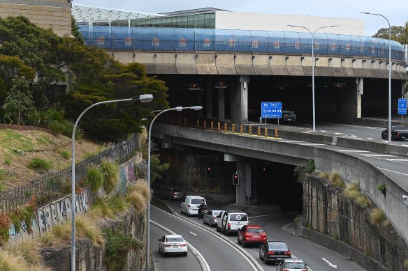 The view from a pedestrian bridge near Bourke street, Woolloomooloo.