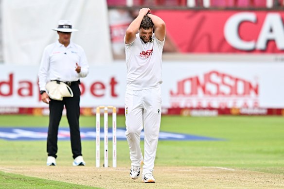 Wiaan Mulder of The Proteas reacts on day one.