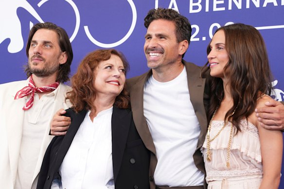 From left, Luca Marinelli, Susan Sarandon, Andrea Pallaoro and Alicia Vikander at last month’s Venice Film Festival.