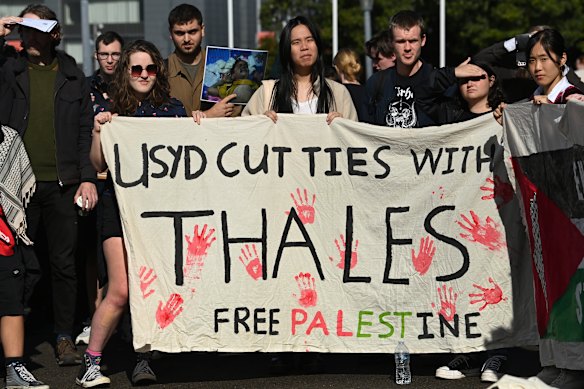Protesters at the University of Sydney encampment demanded the institution cut ties with arms manufacturers.