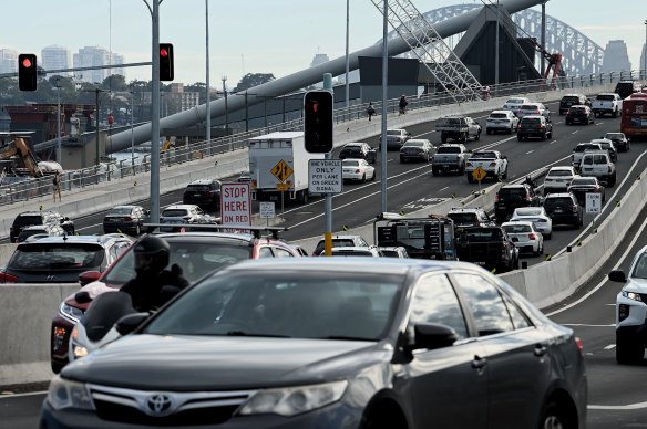 Traffic on the Anzac Bridge at the Rozelle interchange.