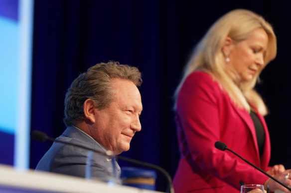 Andrew Forrest and Fortescue chief executive Elizabeth Gaines. The result marks the second year in a row that Fortescue has broken its record for iron ore exports, after delivering 178 million tonnes in the 2020 financial year.
