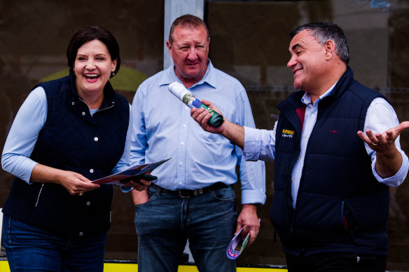Labor leader Jodi McKay, Labor candidate Jeff Drayton and Nationals leader John Barilaro at Singleton pre-polling booth ahead of Saturday’s byelection.