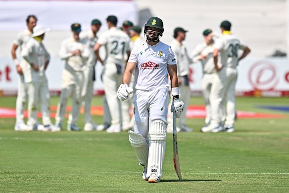 Aiden Markram is out for 37 runs on day three.