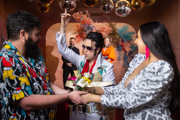 Josh Burley and Mia Black in rehearsal for their upcoming big day at The Altar Electric, which will be hosted by Logan Jeffs as Elvis.