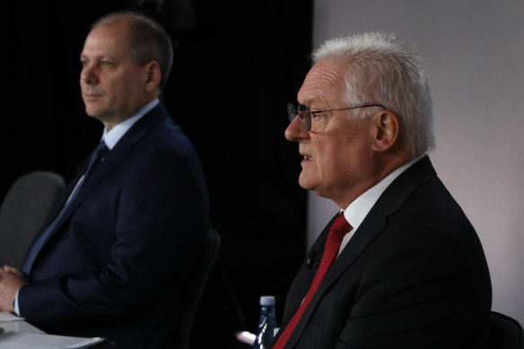 Westpac CEO Peter King (left) with chairman John McFarlane.