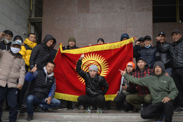 Protesters gather in front of the Kyrgyz government headquarters on the central square in Bishkek, Kyrgyzstan, on Tuesday.