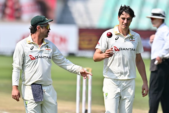 Vice captain Travis Head and captain Pat Cummins during the first Test, with the series being followed by Amazon Prime cameras.