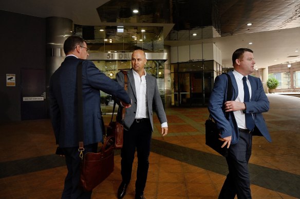 Roosters CEO Joe Kelly, Sea Eagles COO Adam Catchpole and Rabbitohs CEO Blake Solly leave Thursday’s meeting.