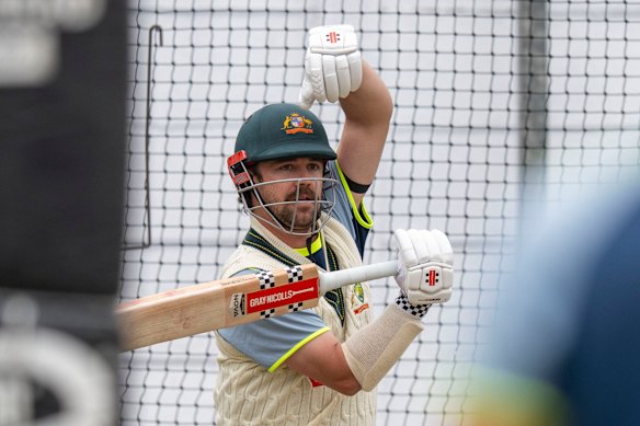 Travis Head lightens the mood by calling for a review during a nets session in South Africa.