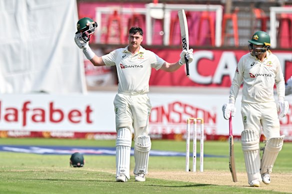 Matthew Renshaw celebrates his century against South Africa.
