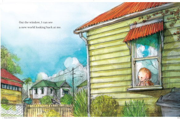 Window to the world: a child gazes out from a house in the book 'Windows'.
