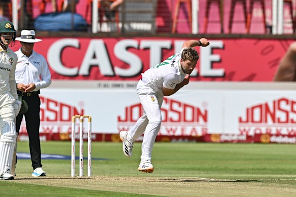 Wiaan Mulder of South Africa bowls.