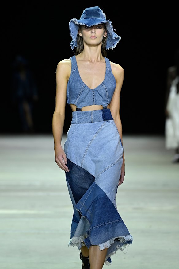 A KitX outfit constructed using denim scraps ushered in designer Kit Willow’s pre-order approach to sales at Australian Fashion Week in June.