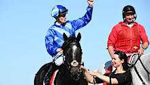 Ethan Brown salutes his Geelong Cup win on Point of Law.