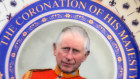 A souvenir collectible plate marking the Coronation of King Charles III ready for the May 6 coronation.