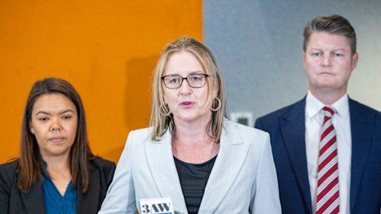 Premier Jacinta Allan speaking to the media on Tuesday, with Deputy Premier Ben Carroll, right, and the incoming member for Mulgrave, Eden Foster, left.