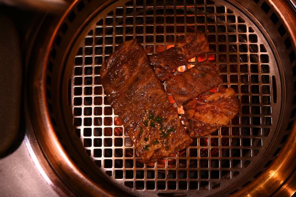 Galbi wagyu short rib on the grill.