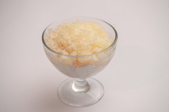 Lychee and coconut custard with lime granita ends the meal on a joyous note.