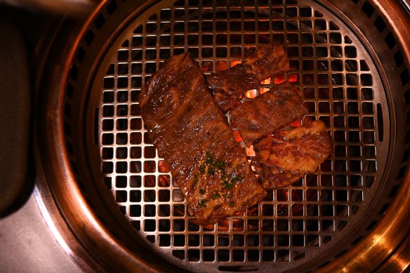 Galbi wagyu short rib on the grill.