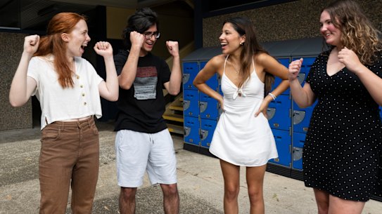 Pennant Hills High School students (from left) Hannah Pola, Ozan Kocatepe, Alexandra Vega Segovia, and Isabelle Imeson are relieved and excited with their HSC results.
