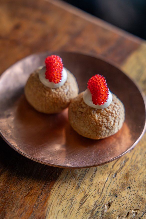 Amazake and native raspberry choux at EXP Restaurant. 
