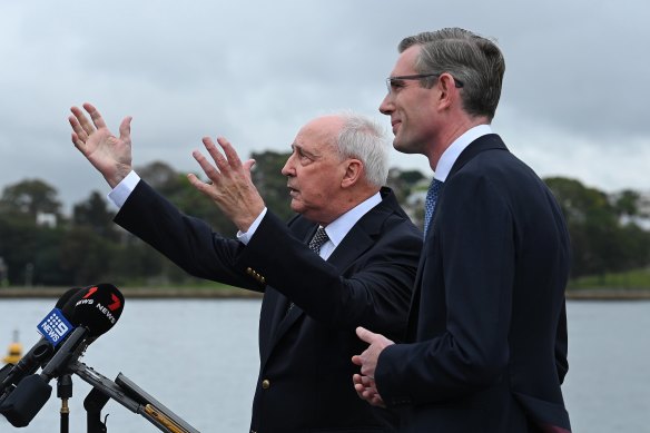 Former prime minister Paul Keating and NSW Premier Dominic Perrottet at Barangaroo on Thursday.