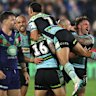 The Sharks celebrate Braydon Trindall’s match-winning field goal.