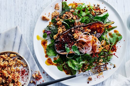 Sichuan-pepper-roasted eggplant with crispy chilli tofu.