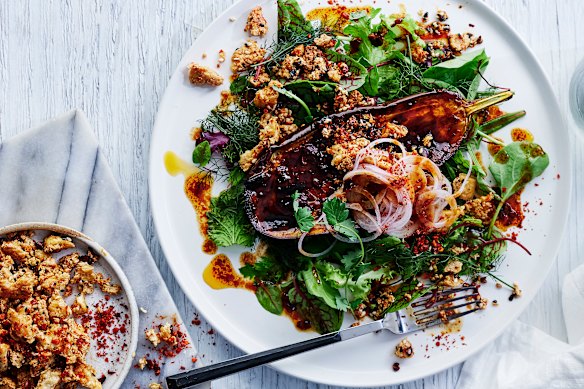 Sichuan-pepper-roasted eggplant with crispy chilli tofu.