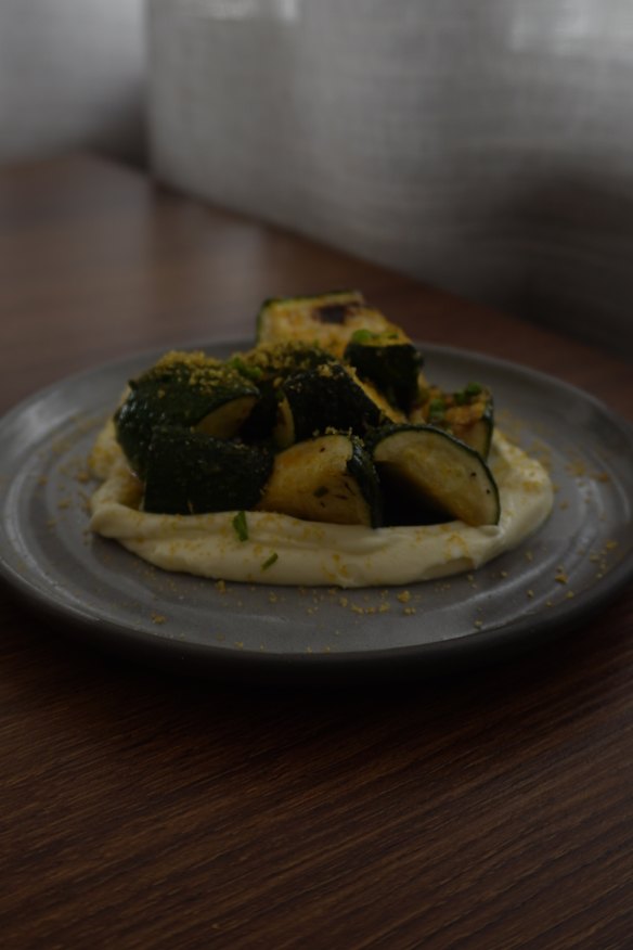 Zucchini with prawn butter, bottarga, sour cream and dill.
