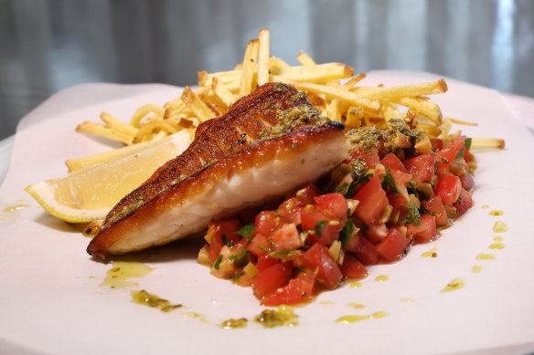 Coral trout with verde, tomato, olives and hand-cut fries.
