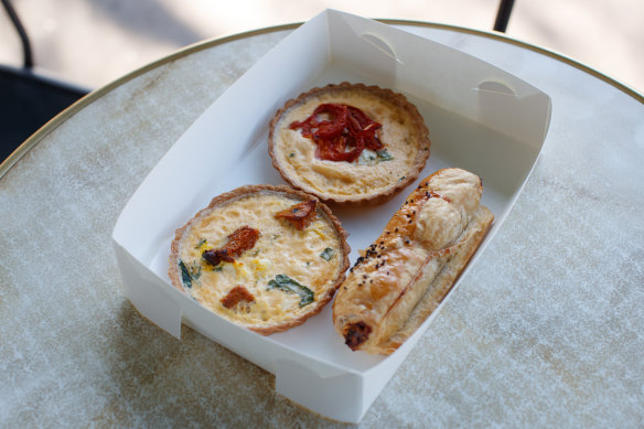 Savoury tarts and sausage roll.