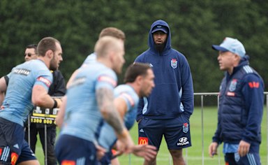 Payne Haas watches Blues training from the sidelines at Wentworth Falls.