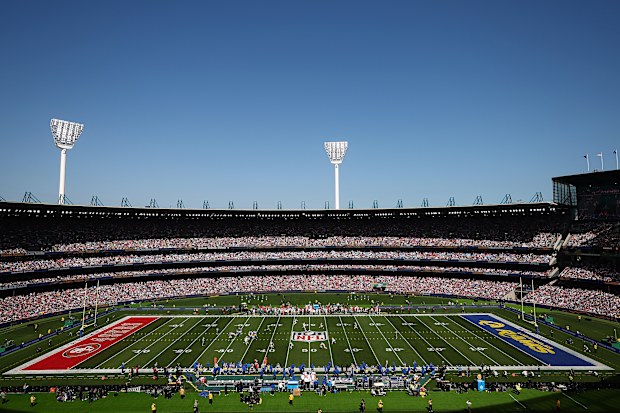 MELBOURNE, AUSTRALIA - SEPTEMBER 11: General view of play during the NFL football game between the San Francisco 49ers and Los Angeles Rams at the Melbourne Cricket Ground on September 11, 2026 in Melbourne, Australia. (Photo by Morgan Hancock/Getty Images)