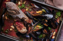 One-tray mussels with smoky tomato and butter beans.