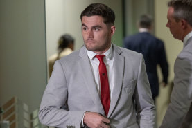 SPORT: NRL Dragons Kyle Flanagan departs the judiciary hearing for the charge of biting Bulldogs Stephen Crichton. Photo: Wolter Peeters, 13th August 3024, The Sydney Morning Herald.