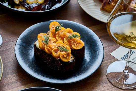 Cape gooseberries and labne on charred sourdough at Humbug.