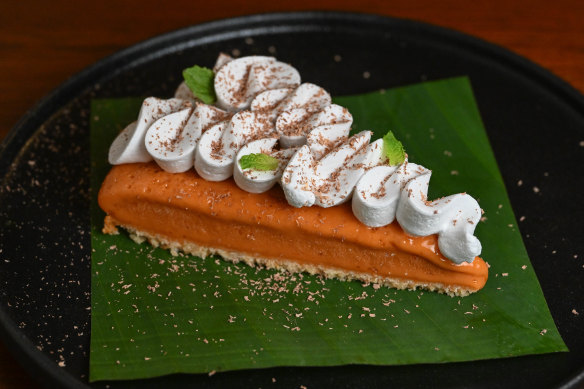 Thai tea tart with Thai milk tea panna cotta and whipped coconut cream.